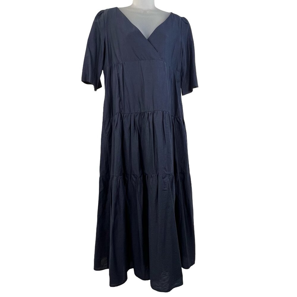 Weekend Max Mara Soft Navy Blue Tiered Maxi Dress Linen Cotton  Size 10